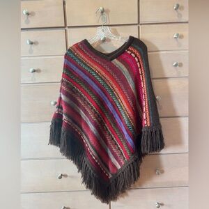 Colorful Striped Women's Alpaca Poncho with Fringe
